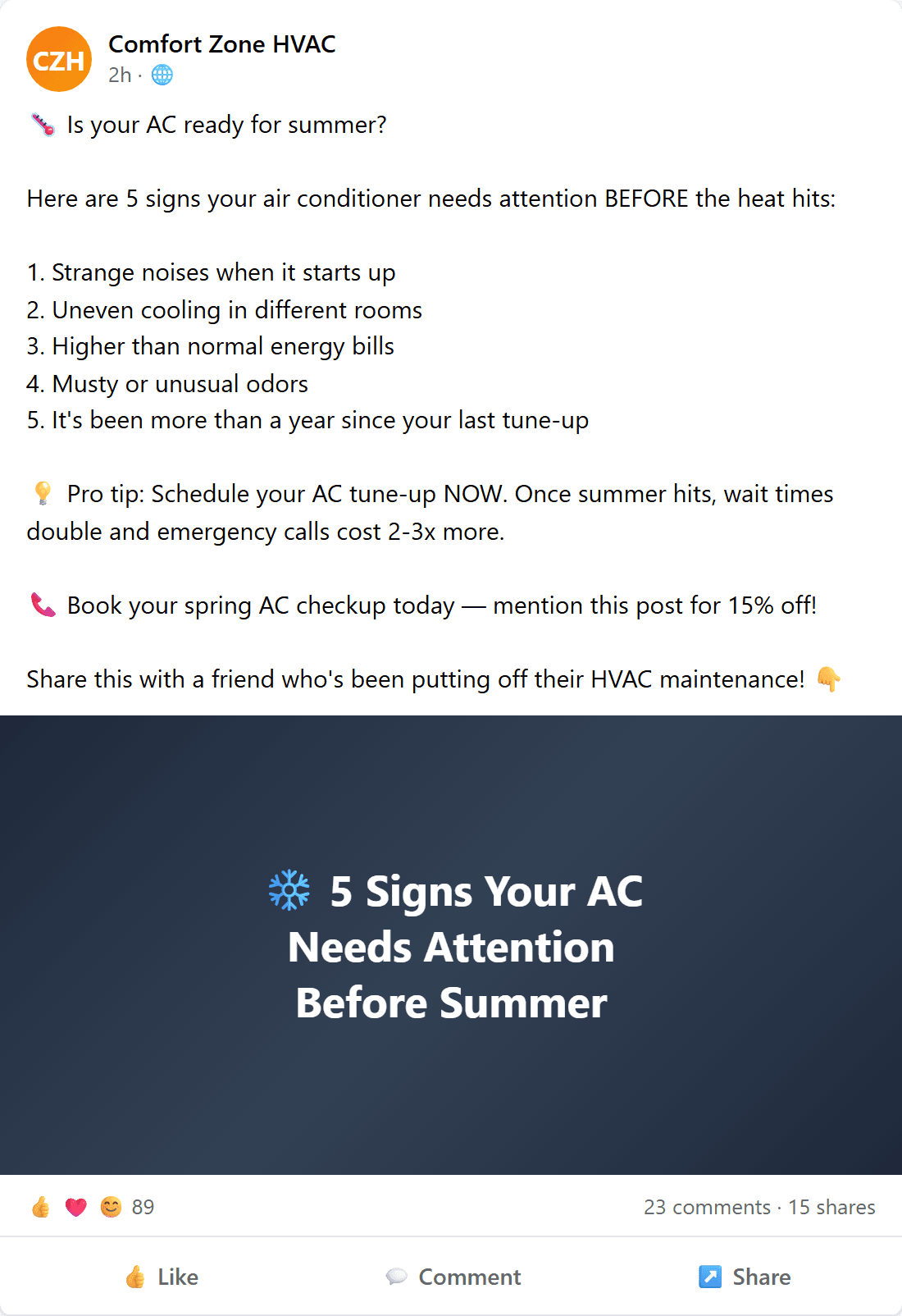 AI-generated Facebook post for HVAC company