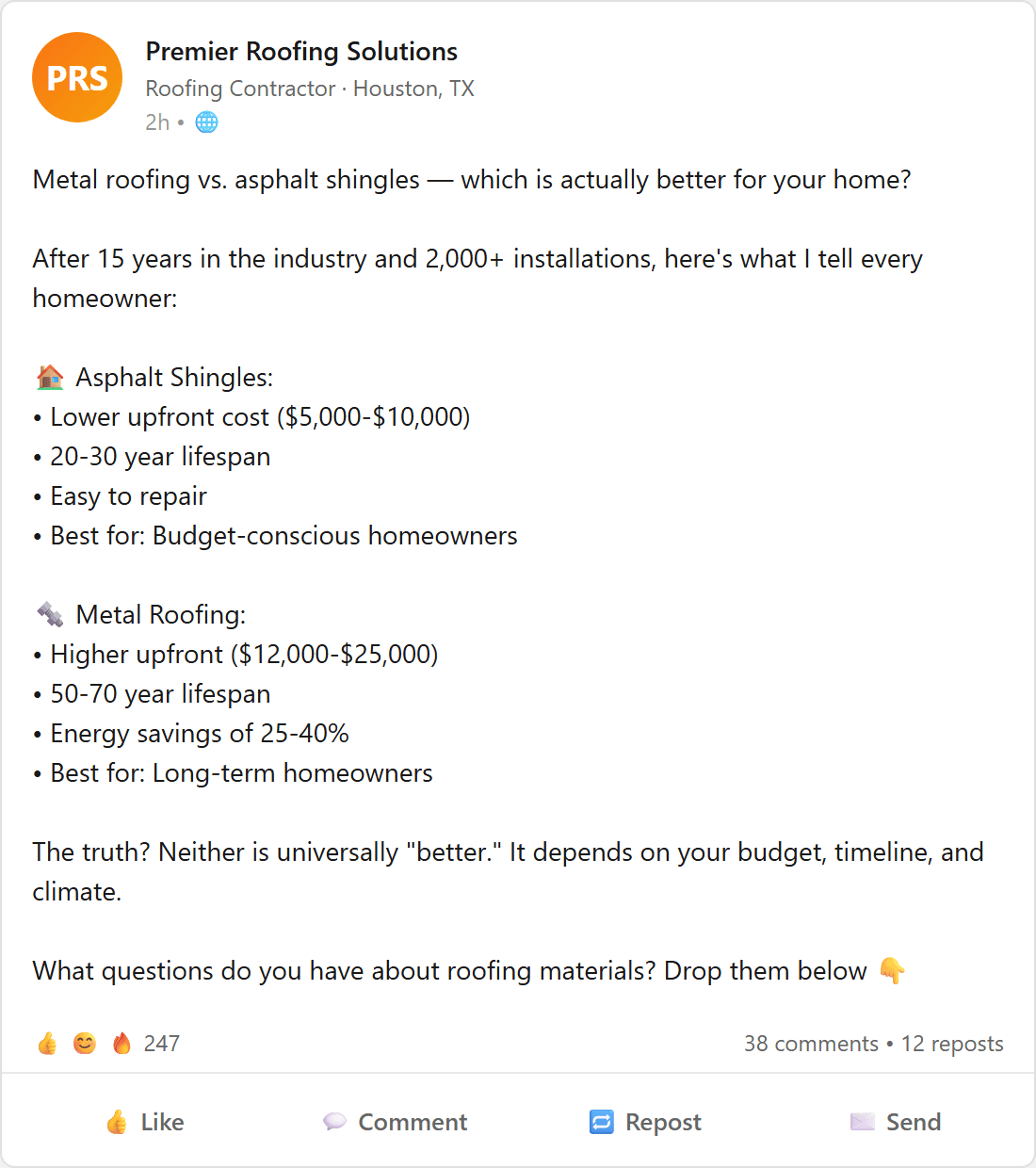 AI-generated LinkedIn post for a roofing company