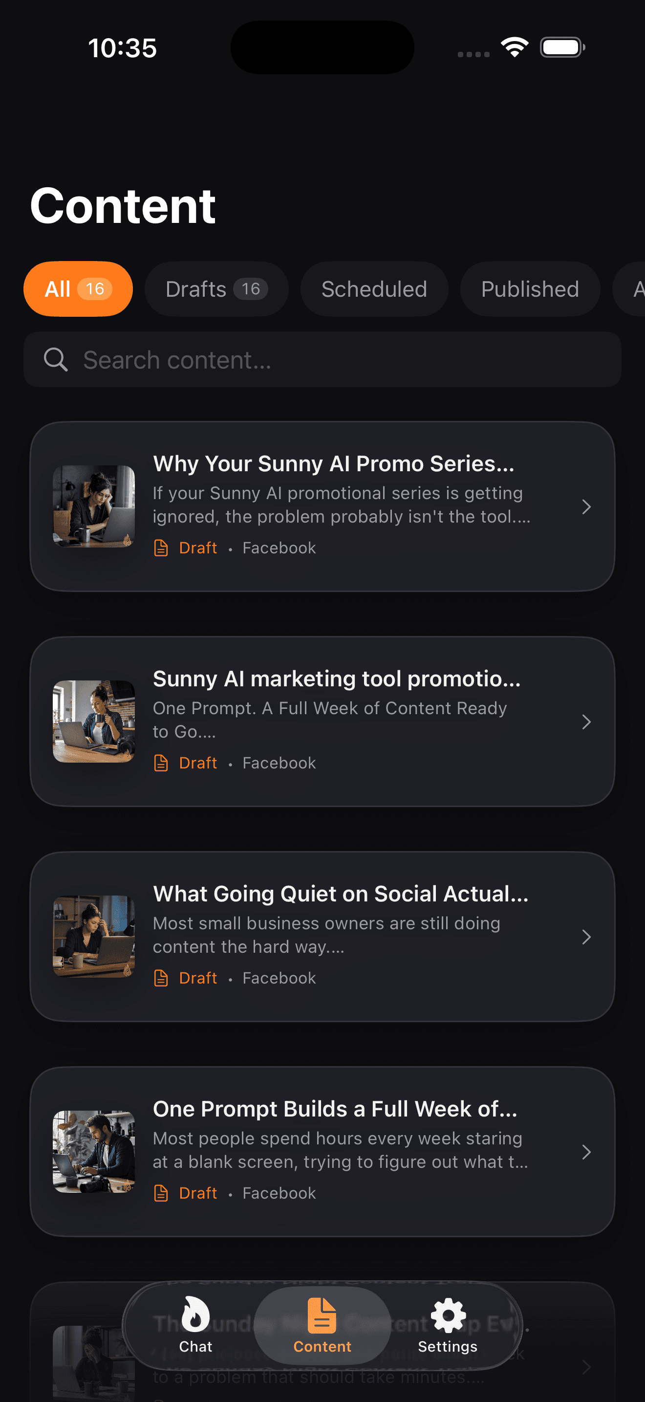 KontentFire mobile app content library showing drafts, scheduled, and published posts