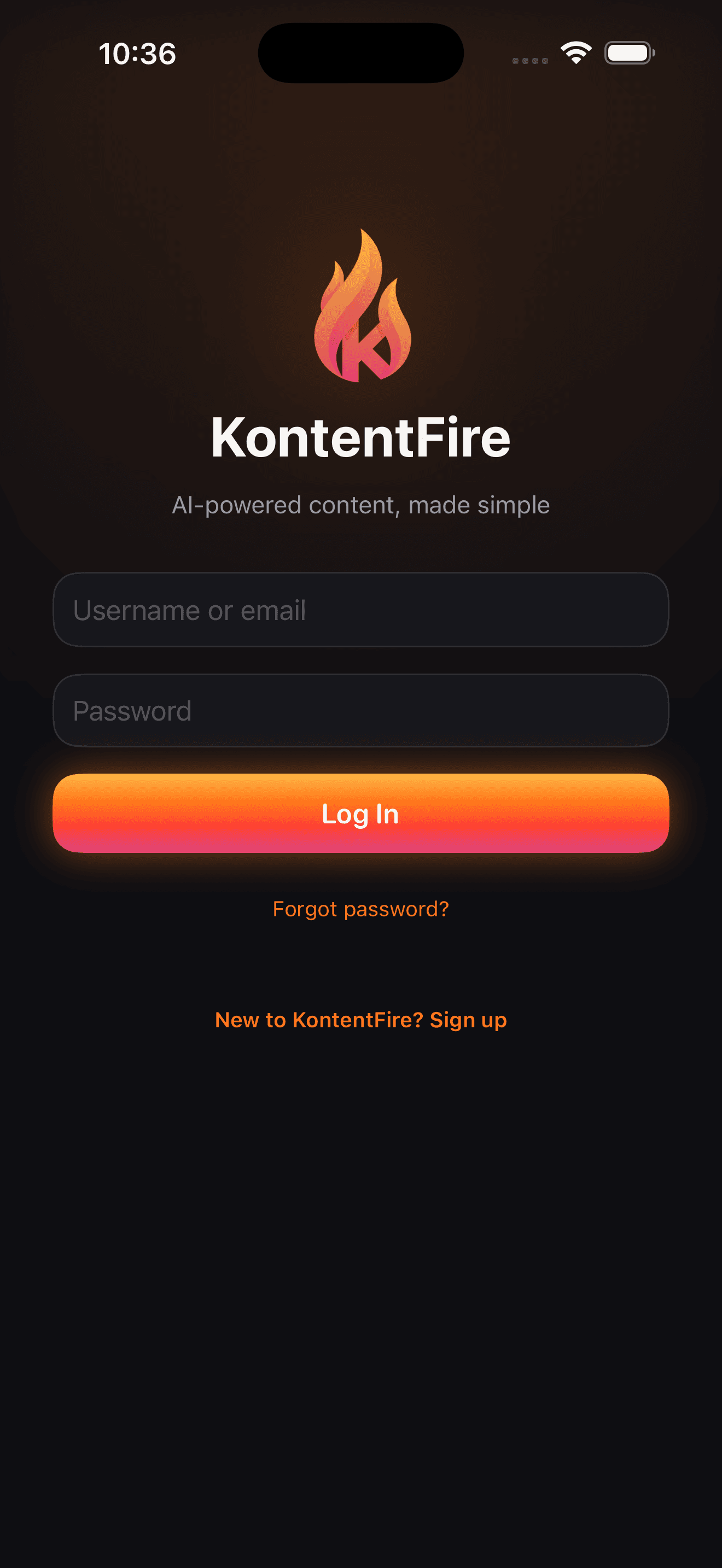 KontentFire mobile app login screen