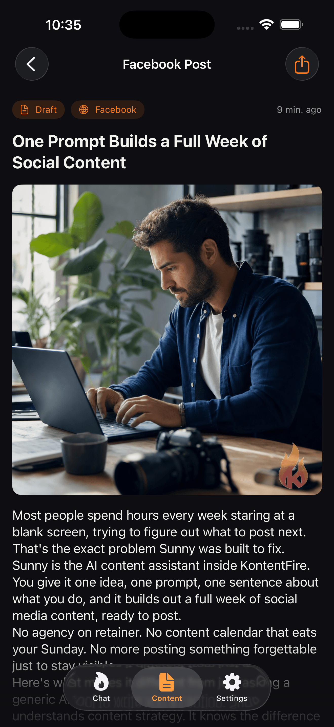 KontentFire app generating a full week of social content from one prompt