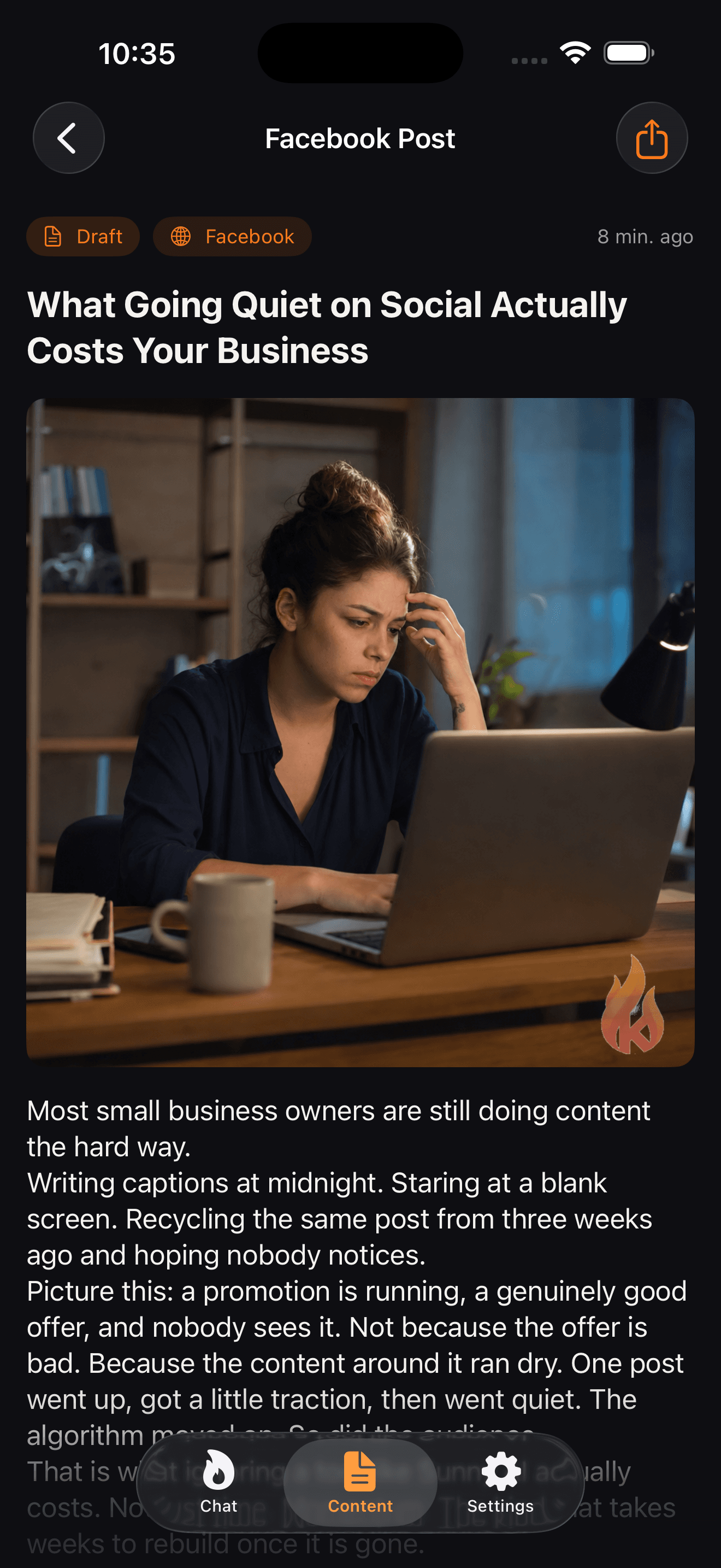 KontentFire app showing AI-generated post copy for a small business