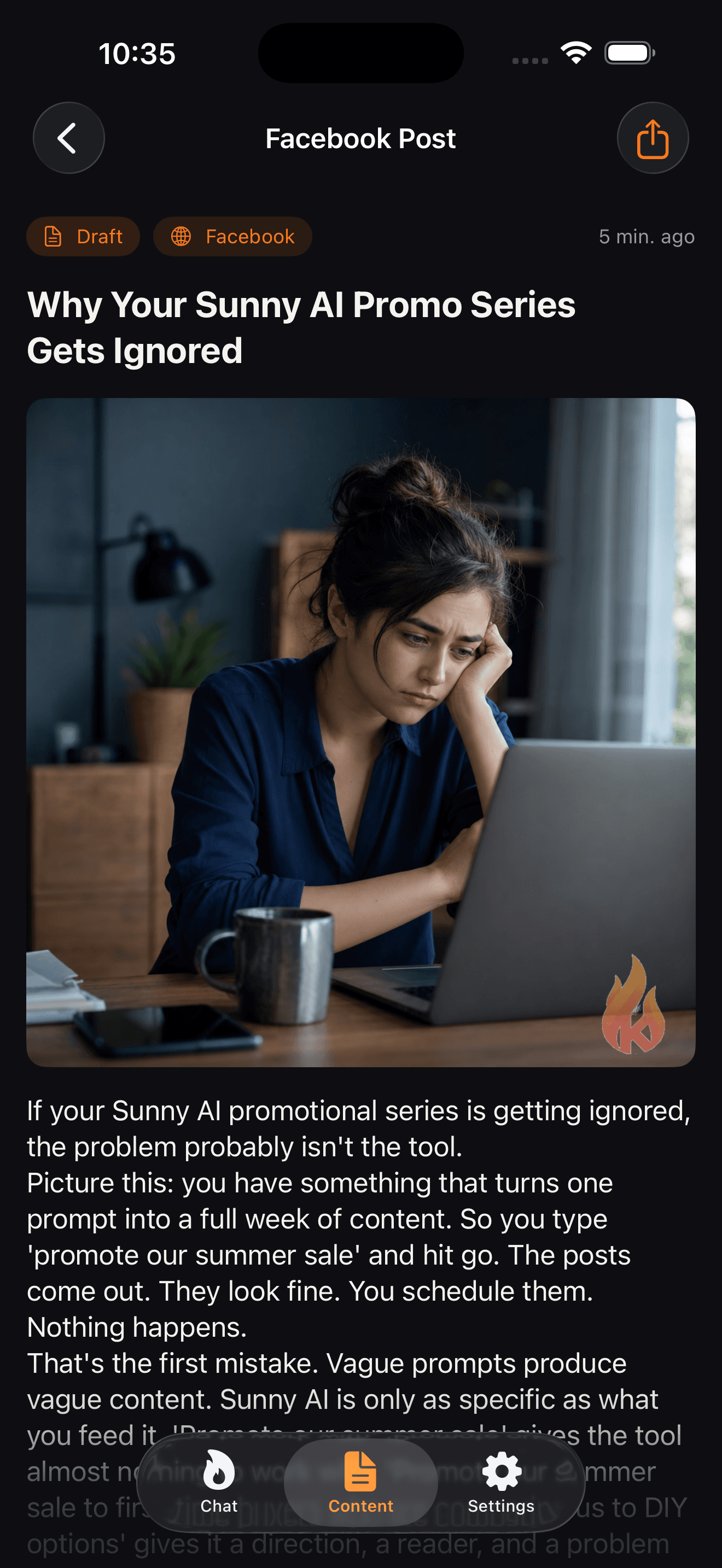 KontentFire app showing a platform-ready Facebook post with an AI-generated image