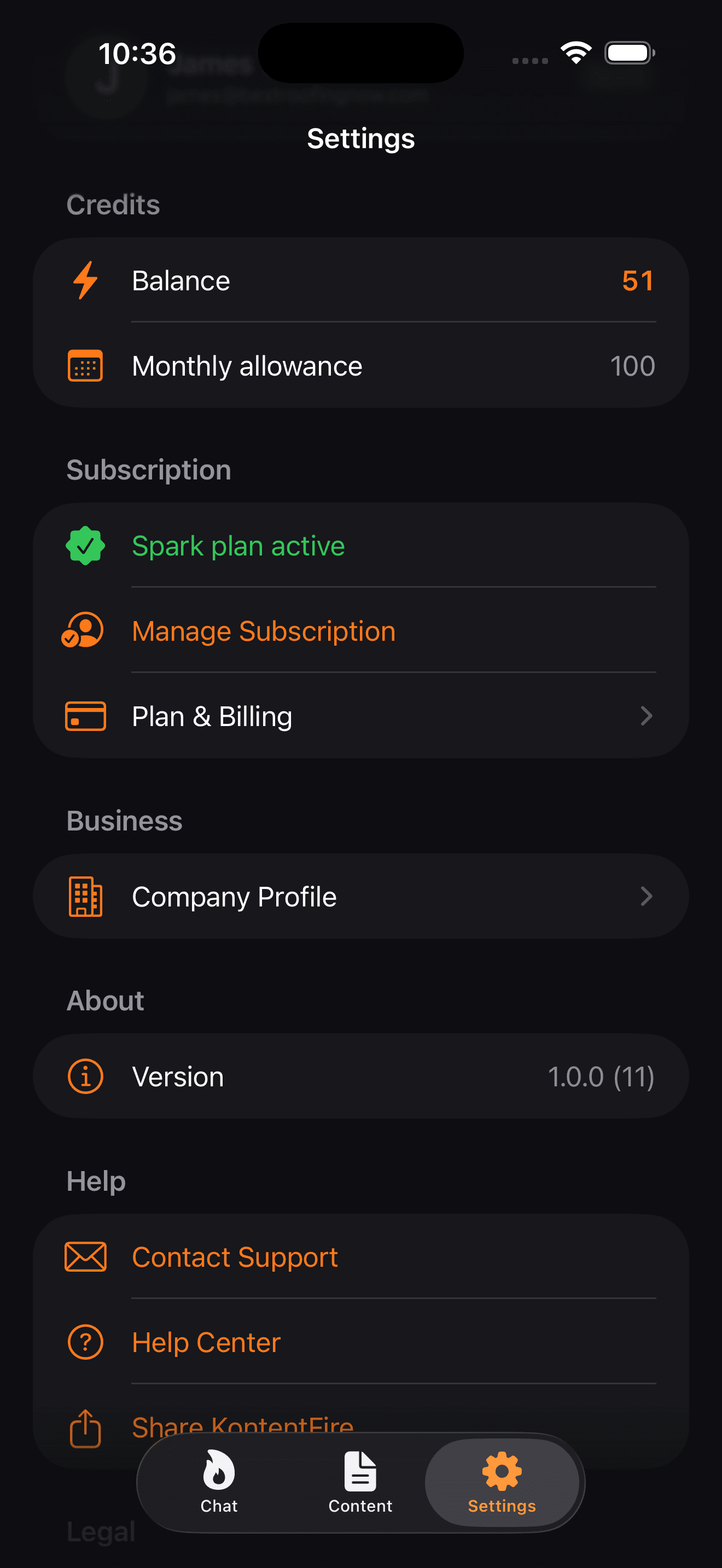 KontentFire app settings screen showing credit balance and active subscription plan
