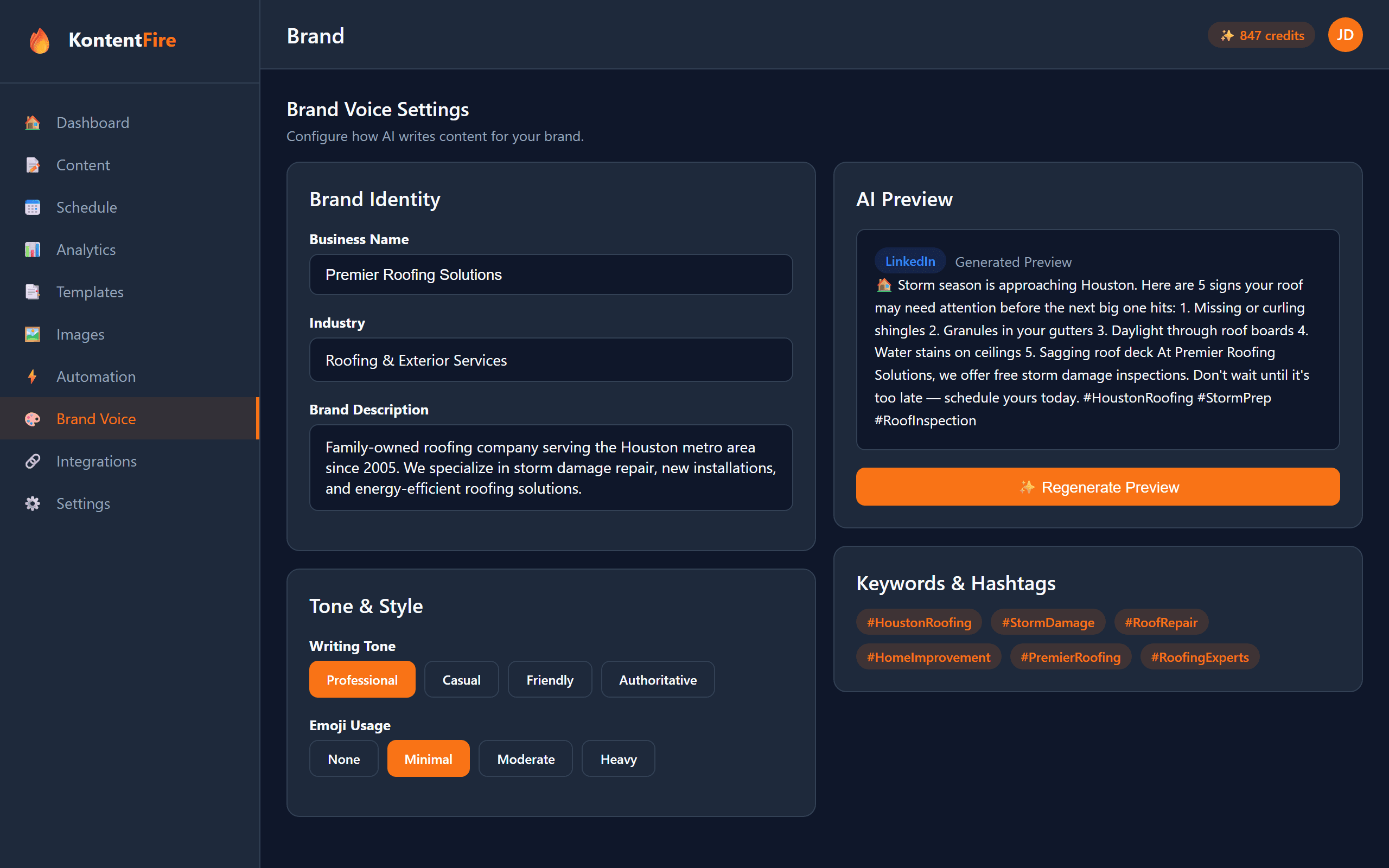 KontentFire brand voice settings