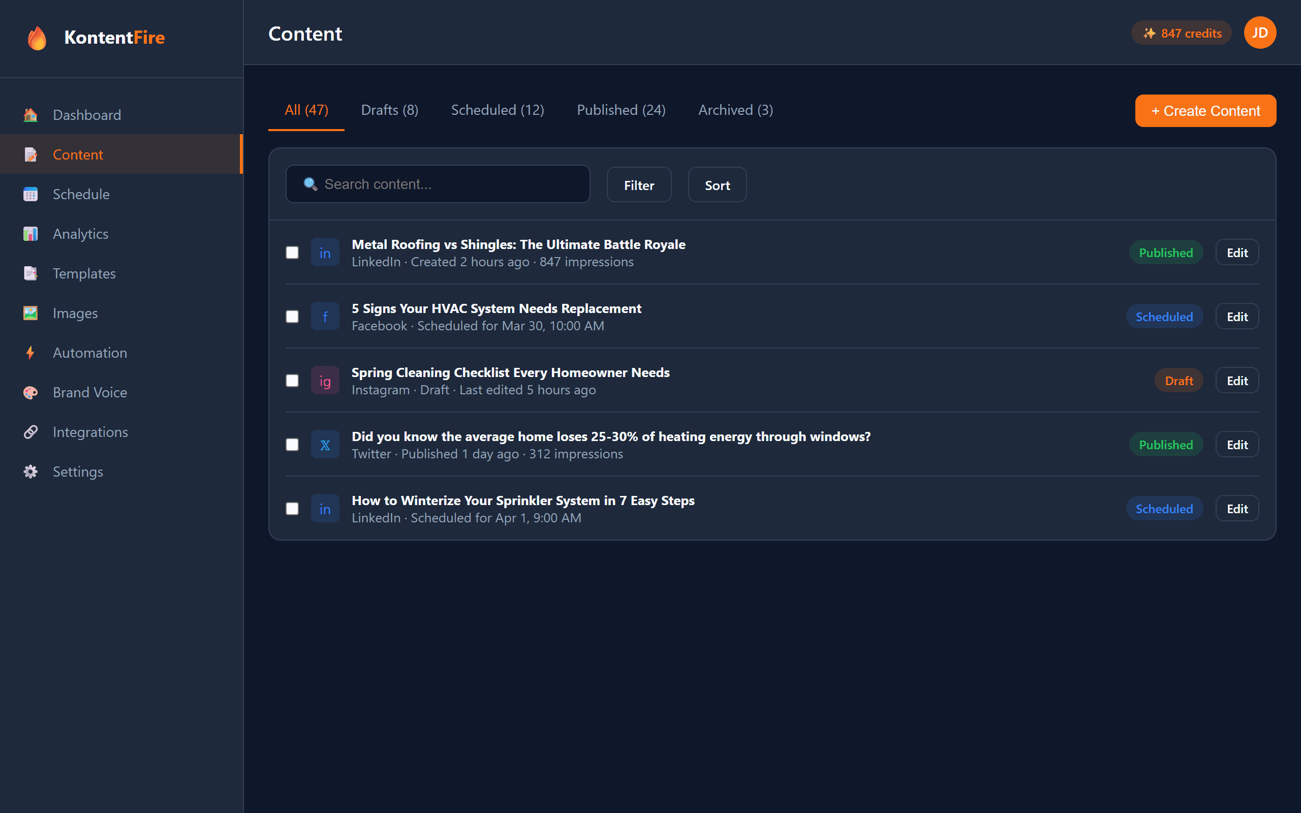 KontentFire content management with generated social media posts