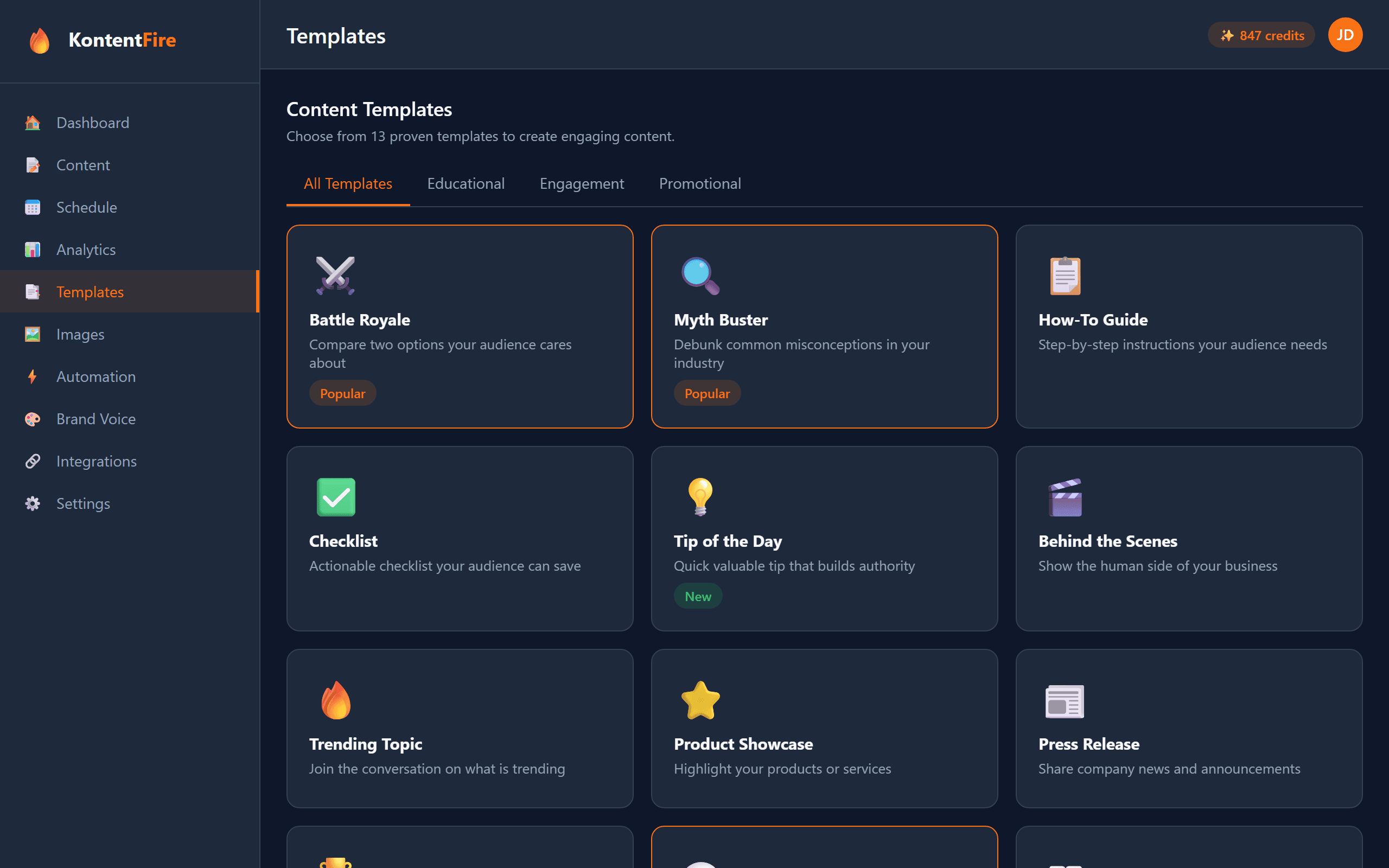 KontentFire template library with proven content formats
